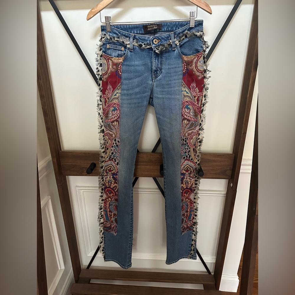 EUC Size 40 170/76A Roberto Cavalli Patchwork Leopard Trimmed Jeans